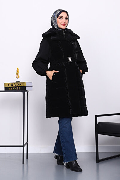 İmajButik Black Collar Fur Long Inflatable Vest with Rubber Belt