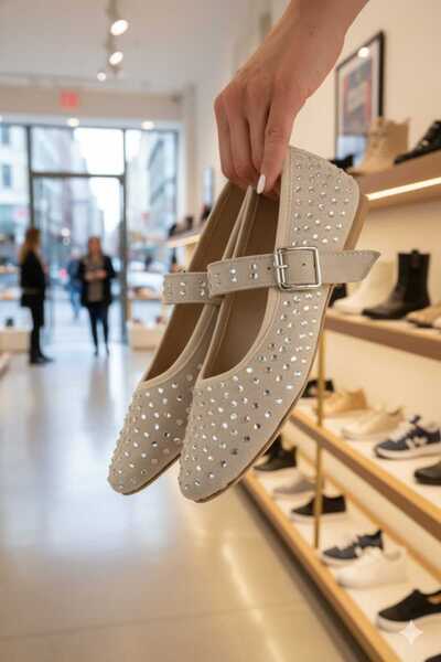 bej Süet Yuvarlak Burunlu Ortapedik Taşlı Baretli Düz Tabanlı Yeni Sezon