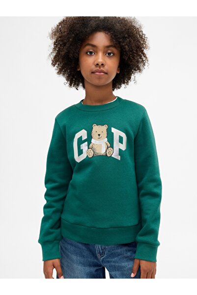 GAP Kız Çocuk Koyu Yeşil Grafik Logo Sweatshirt