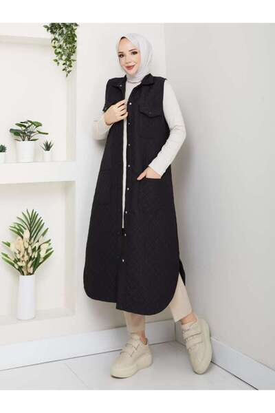 KMKkombin Women's New Season Quilted Shirt Collar with Double Pockets on the Chest Long Vest