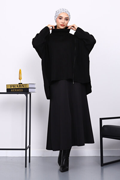 İmajButik Black Turtleneck Zippered Knit Sweater