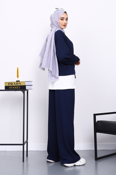 İmajButik Navy Blue Crew Neck Rose Detailed Tunic Modal Set with Trousers