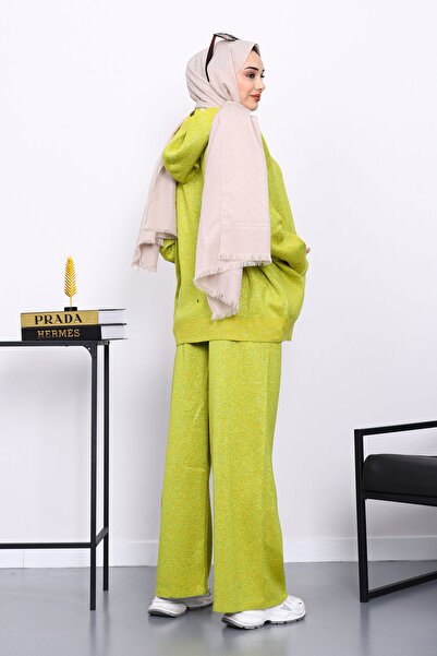 İmajButik Oil Green Hooded Kangaroo Pocket Trouser Knitwear Set