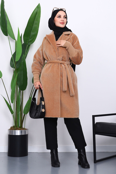 İmajButik Mink Belted Angora Coat with Double Pockets
