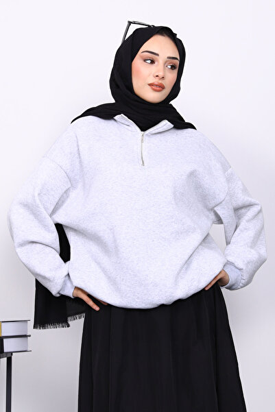 İmajButik Gray Collar Zippered Three Thread Sh Fleece-Lined Sweat