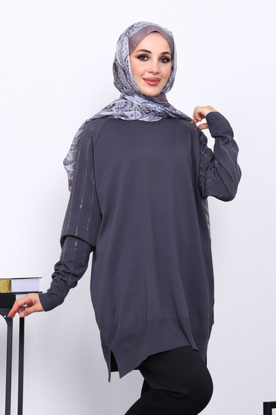 İmajButik Smoked Crew Neck Stone Knitwear Tunic