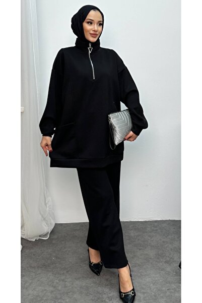 Mikxim طقم بنطلون تونيك ياقة مرتفعة متوسطة الطول بسحاب نصفي