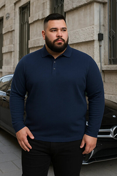 Maccali Men's Plus Size Winter Loose Blue Polo Neck Sweater