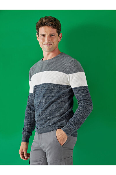 LC Waikiki Khaki Crew Neck Long Sleeve Color Block Men's Knitwear Sweater