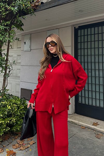 Laluvia Red Zippered Hooded Knitwear Set - 0511