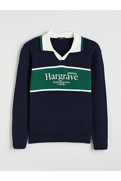 LC Waikiki Xside Navy Blue Polo Neck Printed Men's Knitwear Sweater