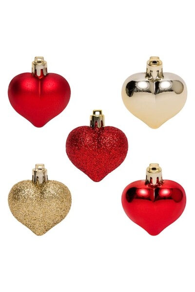 OEM Christmas heart ornaments set, red & gold, matte and glittery, 5 cm - 9 pcs