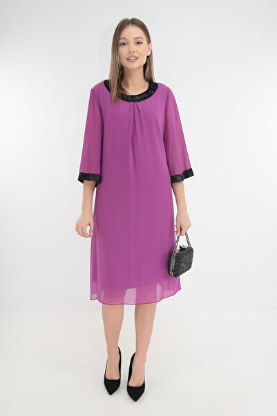 Vanessa Line RO Magenta veil dress with velvet inserts with multicolor thread