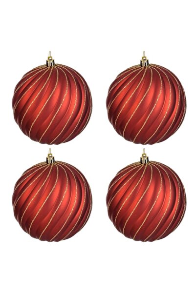 OEM Set de 4 globuri de Crăciun roșii mate cu model ondulat și sclipici auriu...