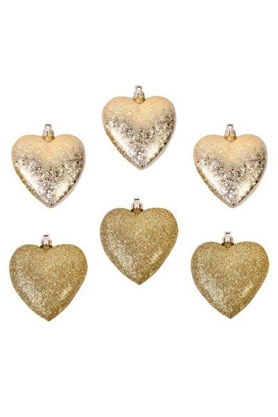 OEM Set de ornamente de Crăciun - Inimioare aurii cu sclipici mat 7cm - 6 buc