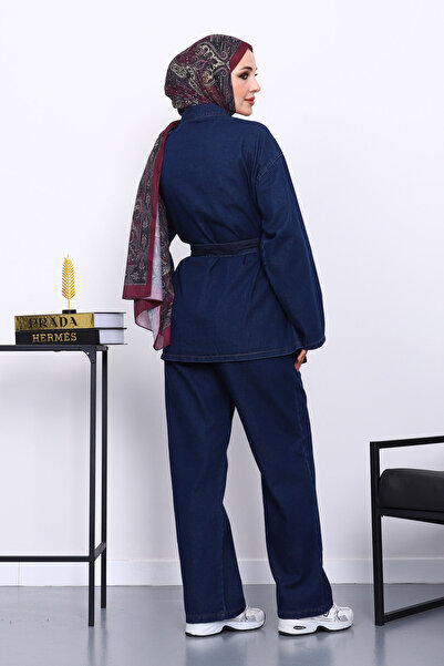 İmajButik Navy Blue Belted Trousers Denim Suit