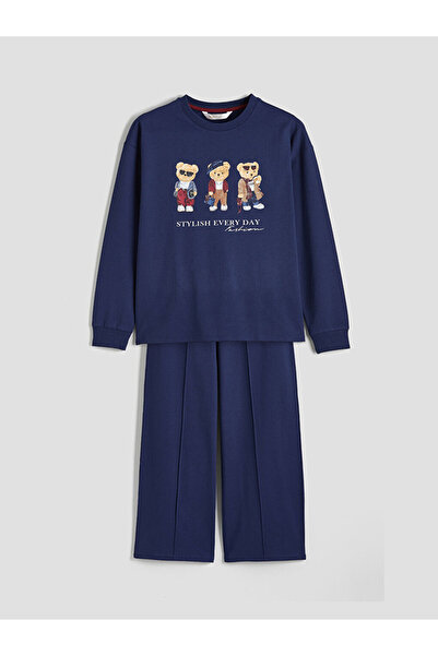 LC Waikiki Тъмносин комплект дамски пижама с принт на мече