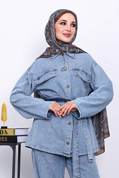 İmajButik Σετ τζιν με ανοιχτό μπλε παντελόνι με ζώνη στη μέση