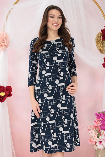 Trend Land Navy blue jersey flared dress with gray abstract print