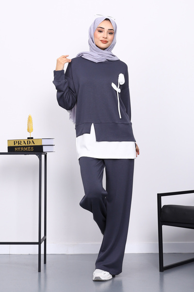 İmajButik Smoked Crew Neck Rose Detailed Tunic Modal Set with Trousers