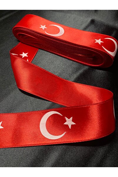 Massaltay Red Crescent and Star Patterned 4cm Satin Ribbon - 5 Meters Decoration and Accessory Ribbon