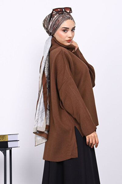 İmajButik Brown Turtleneck Zippered Knit Sweater