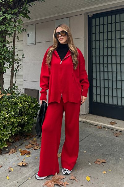 Laluvia Red Zippered Hooded Knitwear Set - 0511