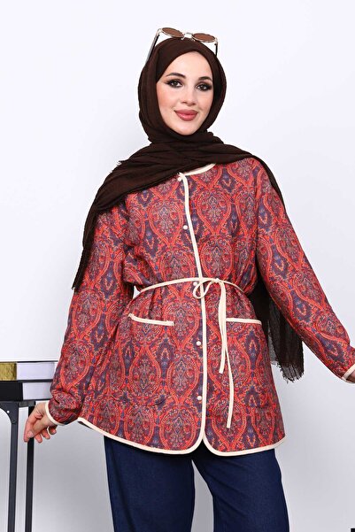 İmajButik Burgundy Ethnic Patterned Pocket Jacket