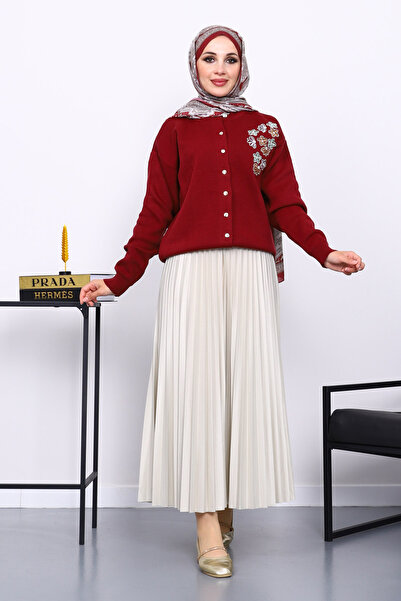 İmajButik Burgundy Embroidered Buttoned Knit Cardigan