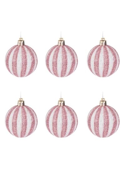 AB HOMES Set 6 globuri Crăciun Ø6cm, cu dungi roz și albe & glitter, decorați...