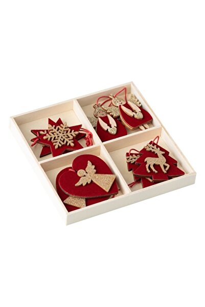 OEM Velvet Wooden Christmas Ornaments, 4 Designs, Burgundy with Gold Glitter, 4-5 cm, Set of 8