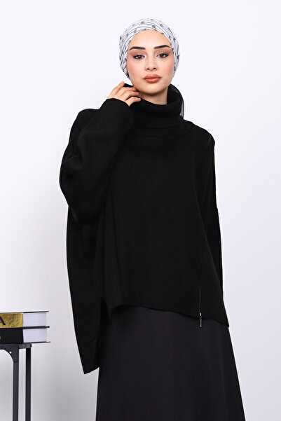 İmajButik Black Turtleneck Zippered Knit Sweater