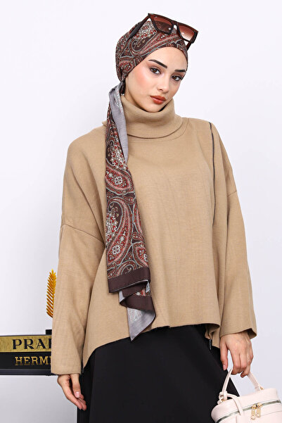 İmajButik Mink Turtleneck Zippered Knitwear Sweater