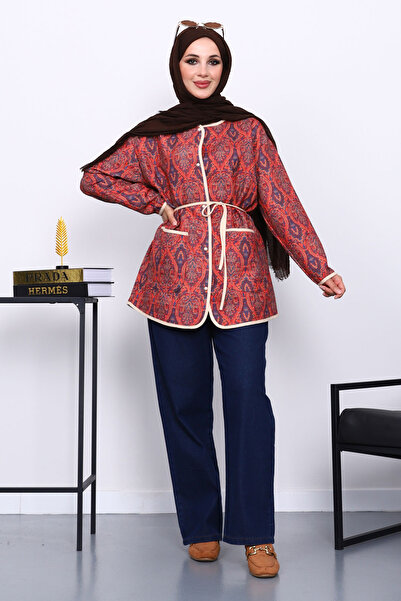 İmajButik Burgundy Ethnic Patterned Pocket Jacket