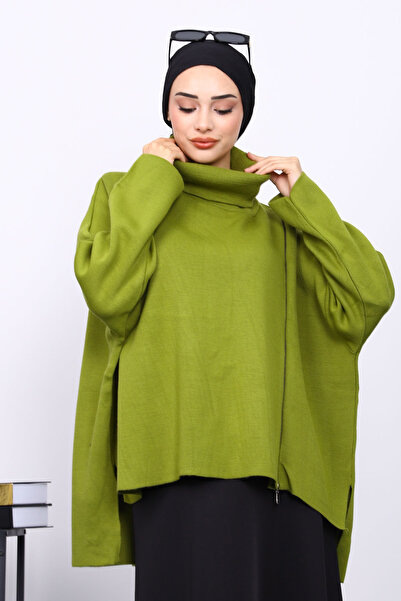 İmajButik Green Turtleneck Zippered Knit Sweater