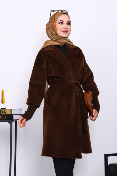 İmajButik Brown Angora Coat with Waist Belt and Double Pockets