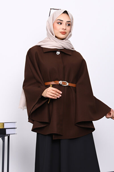 İmajButik Brown Belted Stamp Poncho