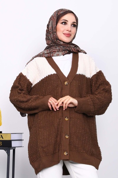 İmajButik Καφέ πλεκτή ζακέτα με κουμπιά σε σχήμα V