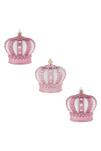 OEM Set de 3 ornamente de Crăciun cu coroană roz, 2 modele, 8 cm