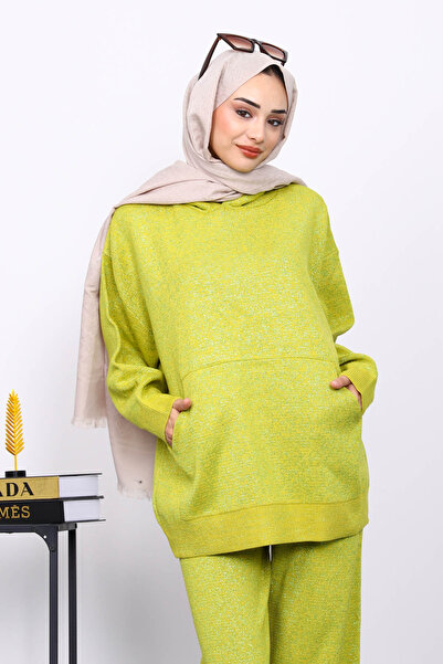 İmajButik Oil Green Hooded Kangaroo Pocket Trouser Knitwear Set