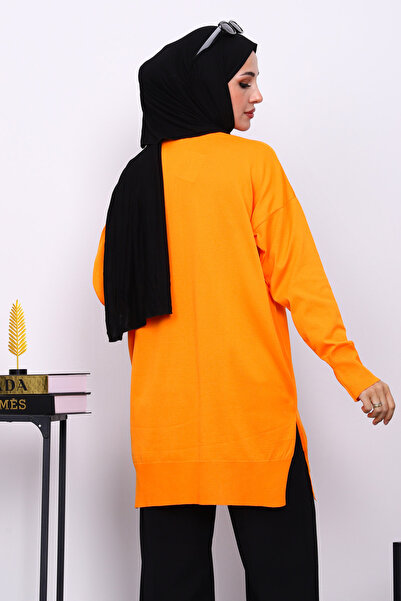 İmajButik Orange Crew Neck Cold Thread Knitwear Tunic
