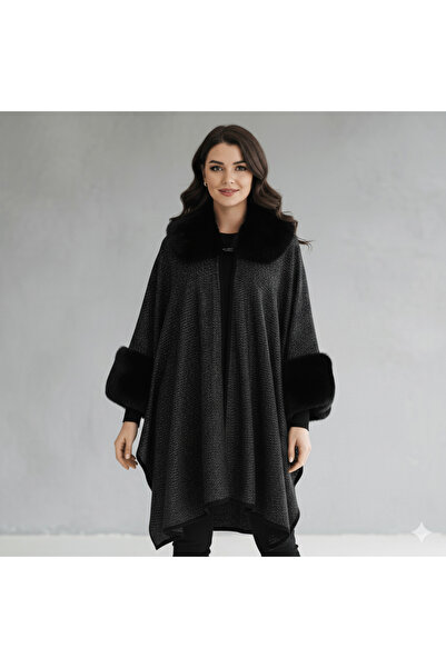alqarat Shiny cape/poncho with faux fur embroidery