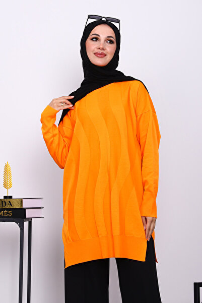 İmajButik Orange Crew Neck Cold Thread Knitwear Tunic