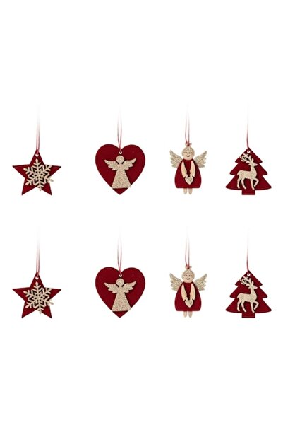 OEM Velvet Wooden Christmas Ornaments, 4 Designs, Burgundy with Gold Glitter, 4-5 cm, Set of 8