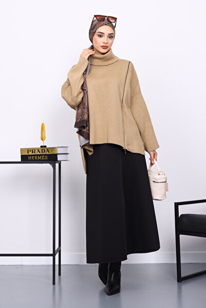 İmajButik Mink Turtleneck Zippered Knitwear Sweater