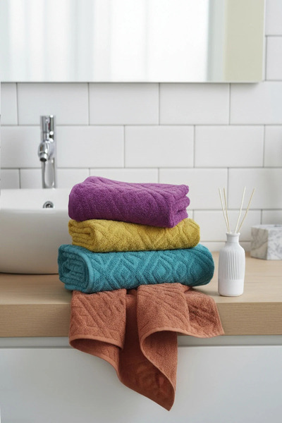 My Catherine 4-Piece Hand and Face Towel Set 50X90 cm - Authentic Tile Pattern | 100 Cotton | Jacquard