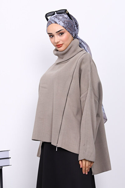 İmajButik Light Khaki Turtleneck Zippered Knit Sweater