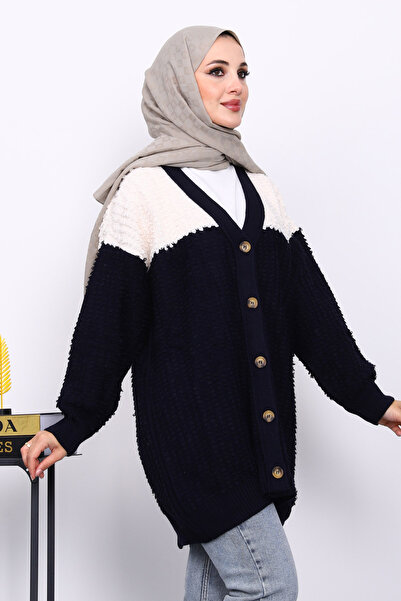 İmajButik Navy Blue V-Neck Buttoned Knitwear Cardigan