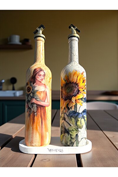 Mes Reves Handmade Cracked Patterned Glass Oil Pot Set – Sunflower and Woman Pattern, Kitchen Design, Decor
