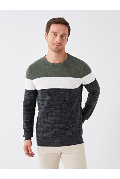 LC Waikiki Khaki Crew Neck Long Sleeve Color Block Men's Knitwear Sweater